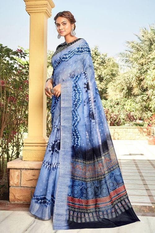 Linen Saree Steel Blue Printed Linen Saree saree online