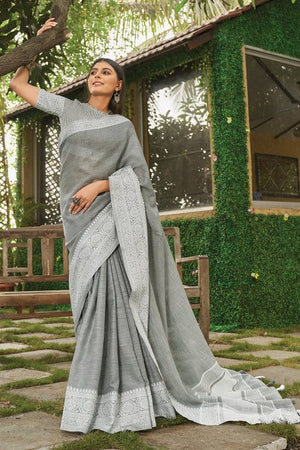 Steel Grey Linen Blend Saree