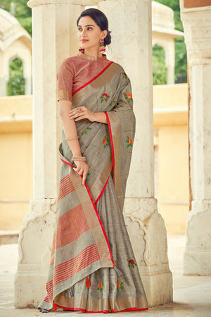 Steel Grey Linen Blend Saree