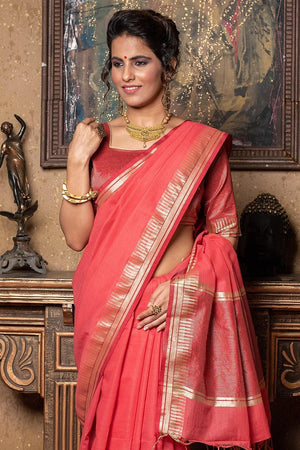 Strawberry Pink Plain Linen Blend Saree