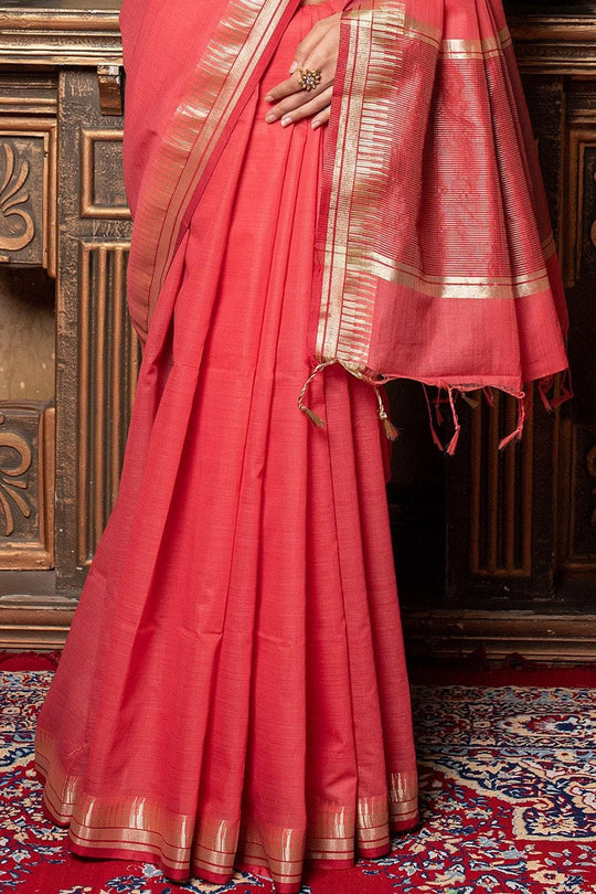 Strawberry Pink Plain Linen Blend Saree