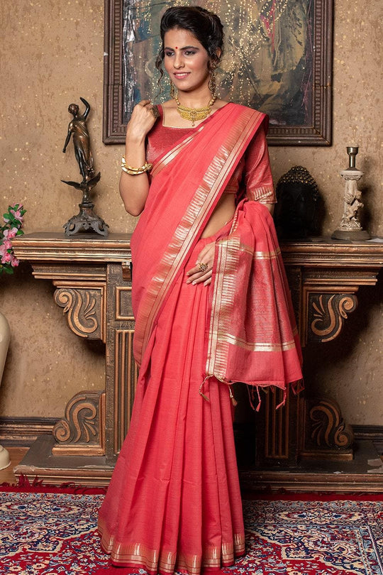 Strawberry Pink Plain Linen Blend Saree