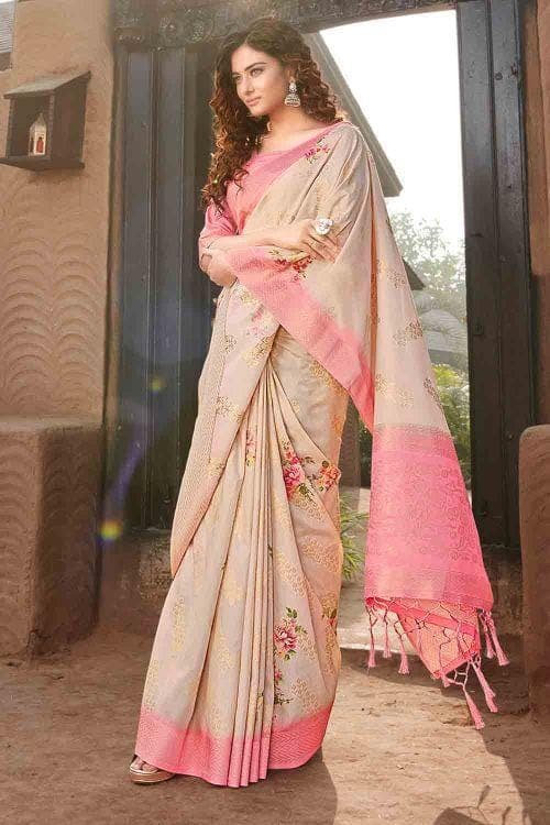 Linen Printed Saree In Light Lavender Colour - SR1357658
