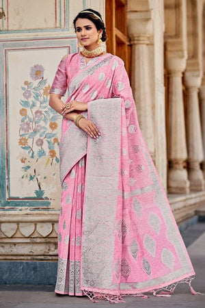 Taffy Pink Linen Saree