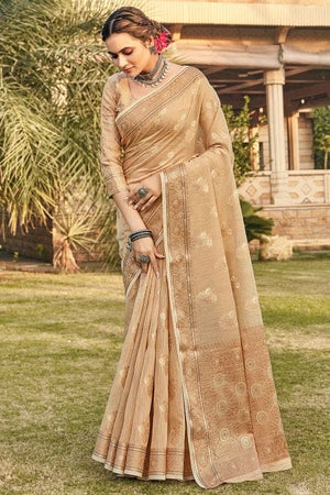 Tan Beige Linen Blend Saree