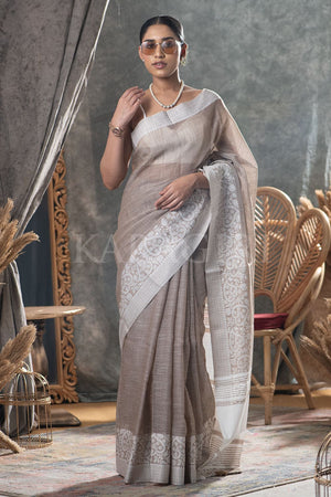 Tan Beige Linen Saree