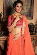Tangerine Orange Plain Linen Blend Saree