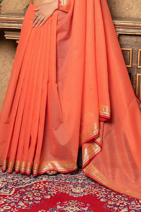 Tangerine Orange Plain Linen Blend Saree