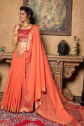 Tangerine Orange Plain Linen Blend Saree