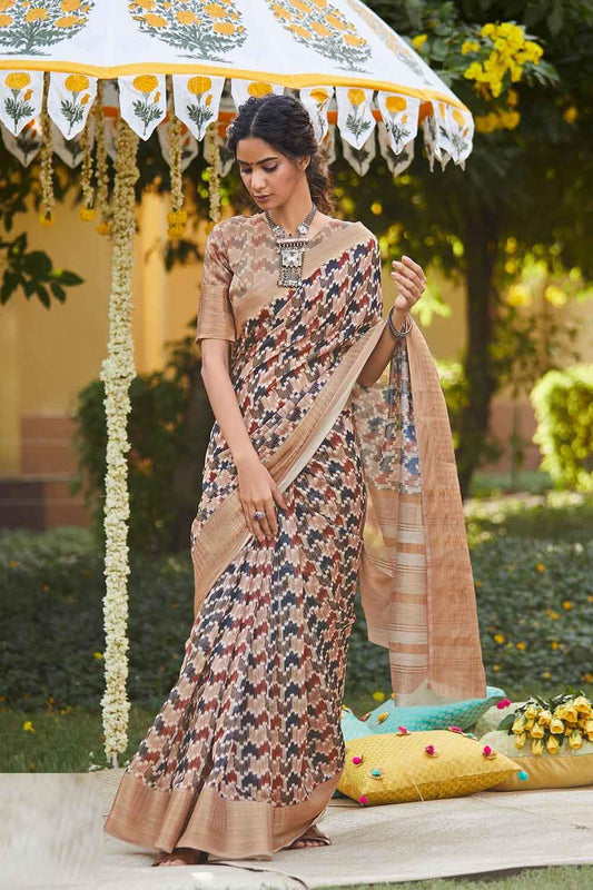 Linen Saree Tawny Brown Digital Printed Linen Saree saree online