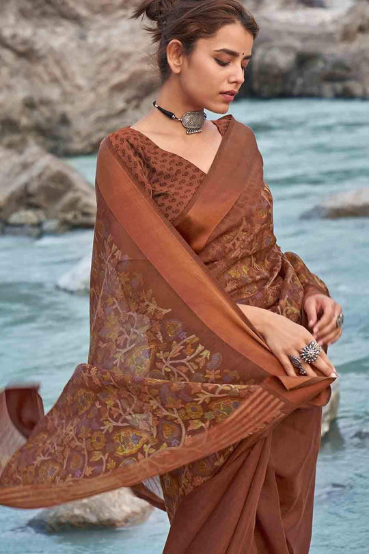 Tawny Brown Floral Printed Linen Blend Saree