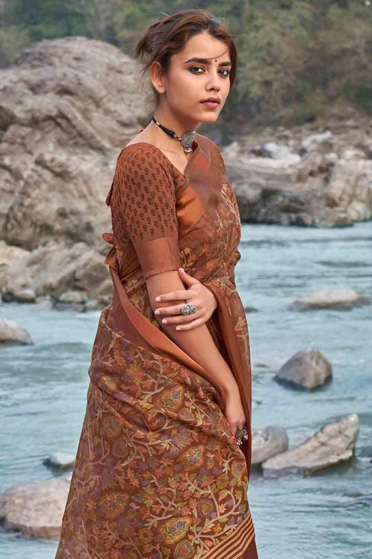 Tawny Brown Floral Printed Linen Blend Saree