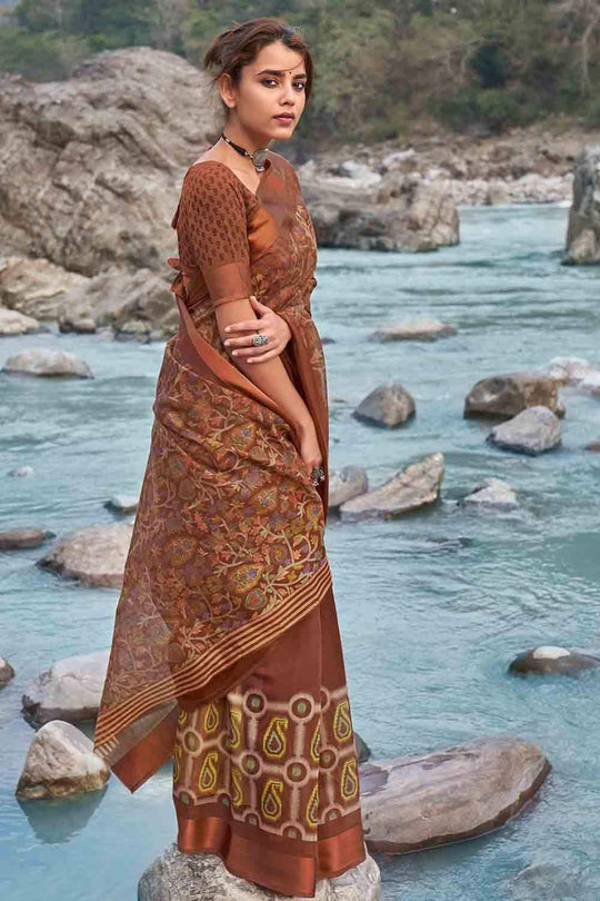 Tawny Brown Floral Printed Linen Blend Saree