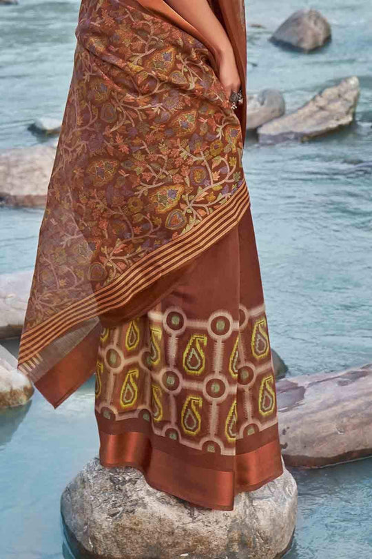 Tawny Brown Floral Printed Linen Blend Saree