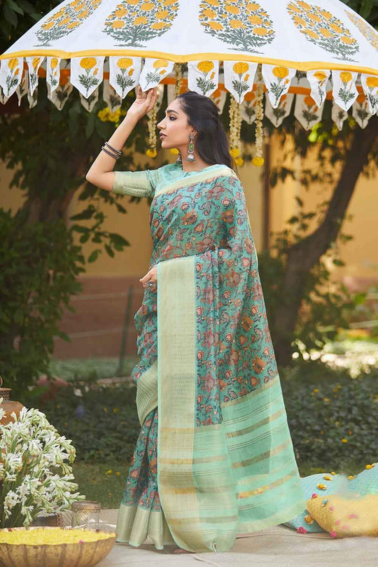 Linen Saree Teal Blue Digital Printed Linen Saree saree online