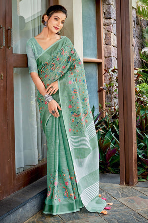 Teal Blue Linen Saree