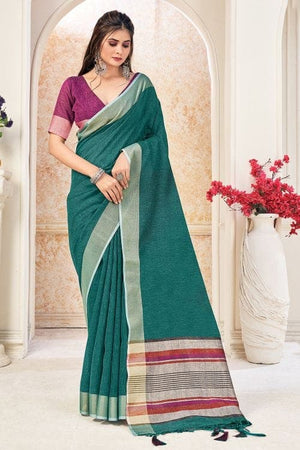 Teal Green Linen Blend Saree