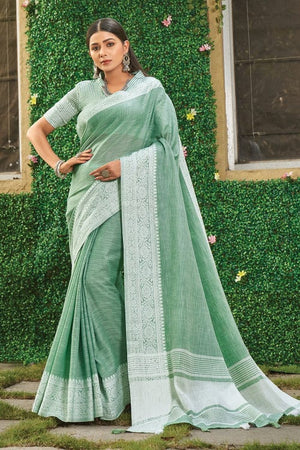 Teal Green Linen Blend Saree