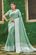 green linen saree