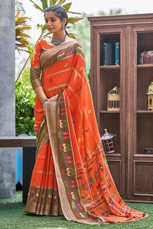 Tiger Orange Linen Blend Saree