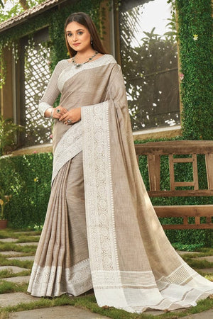 Tortiila Brown Linen Blend Saree