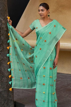 Turqouise Blue Linen Blend Saree