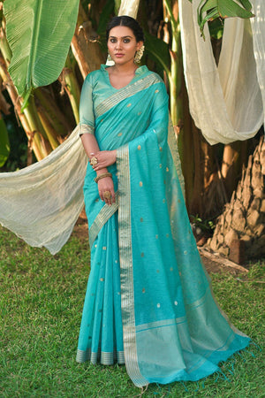 Turquoise Blue Linen Blend Saree