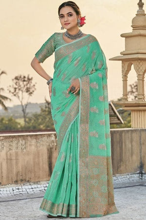 Turquoise Blue Linen Blend Saree
