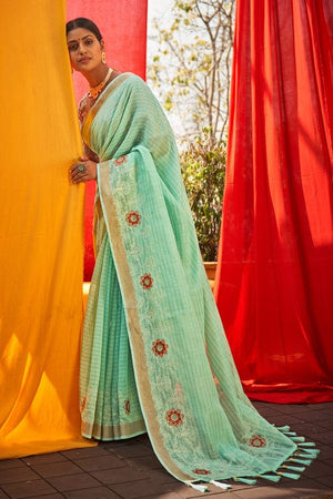 Turquoise Blue Linen Blend Saree