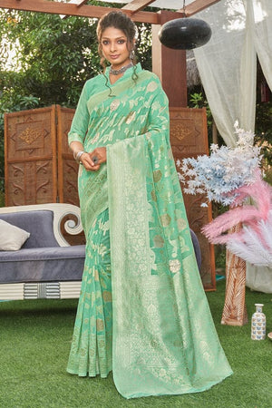 Turquoise Green Linen Saree