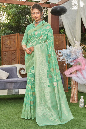 Turquoise Green Linen Blend Saree