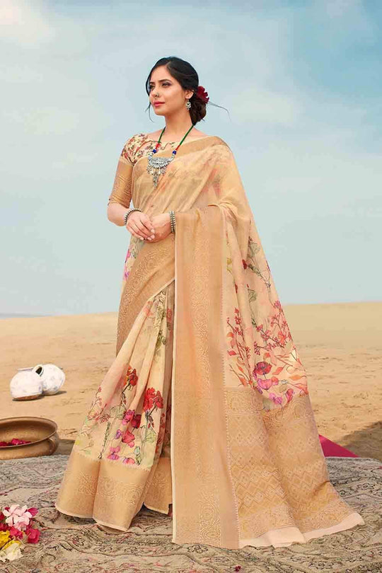 Linen Saree Vanilla Yellow Digital Printed Linen Saree saree online