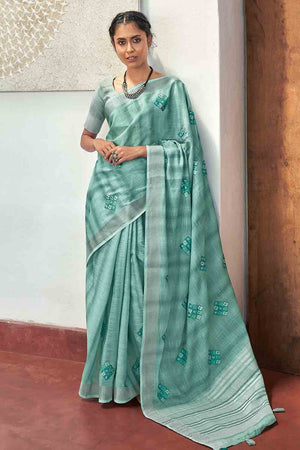 Verdigris Blue Linen Blend Saree