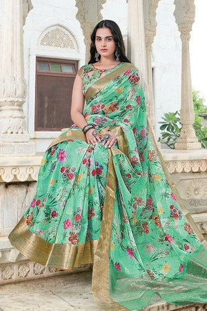 Vibrant Mint Green Linen Blend Saree