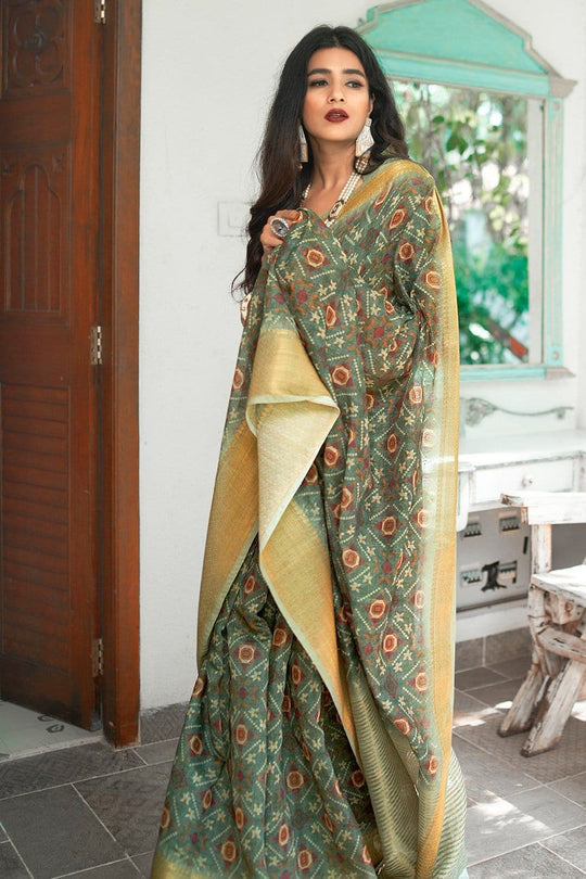 Linen Saree Viridian Green Digital Printed Linen Saree saree online