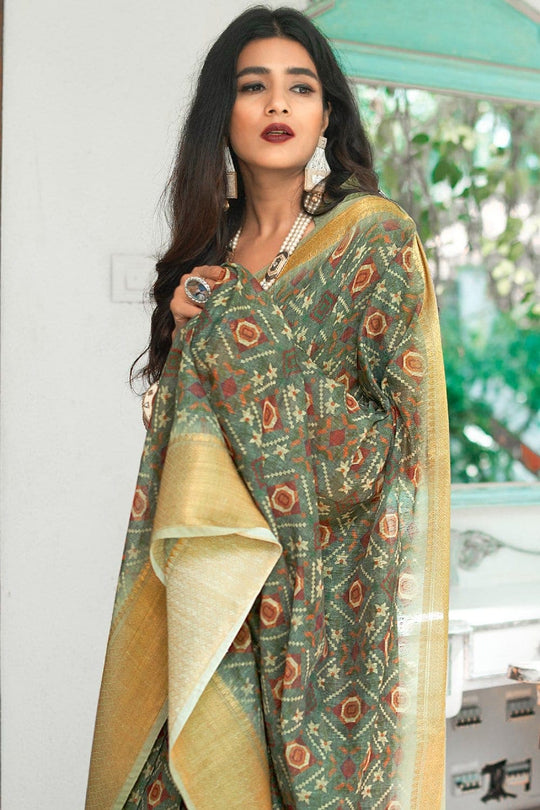 Linen Saree Viridian Green Digital Printed Linen Saree saree online