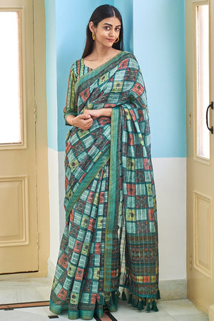 Vivid Blue Linen Blend Saree