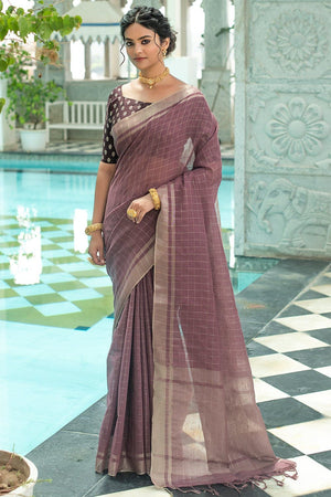 Wine Purple Linen Blend Saree
