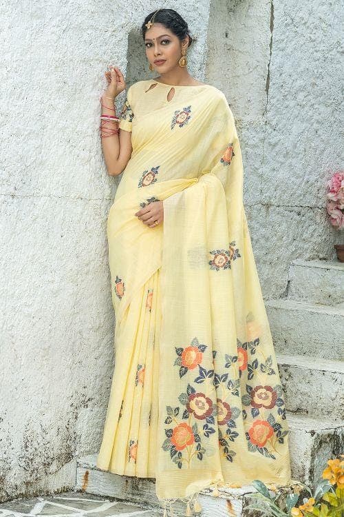 Yellow Linen Blend Saree