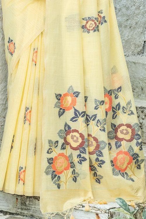 Yellow Linen Blend Saree