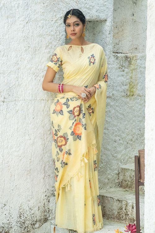 Yellow Linen Blend Saree