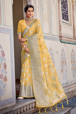 Yellow Linen Blend Saree
