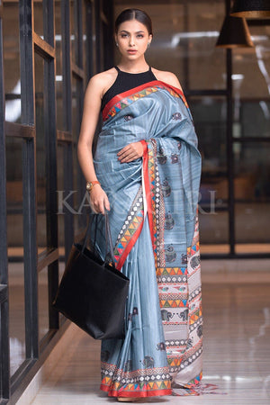 Dark Grey Madhubani Saree