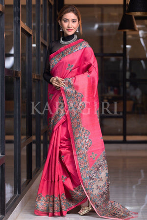 French Rose Pink Madhubani Saree