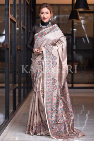 Light Breeze Beige Madhubani Saree
