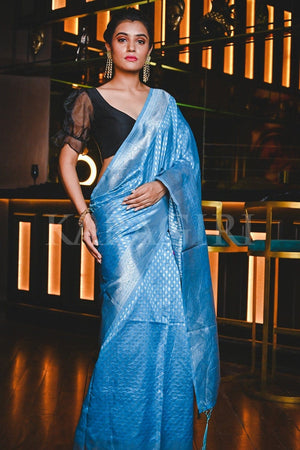 Sky Blue Maheshwari Silk Saree