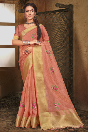 Thulian Peach Organza Saree