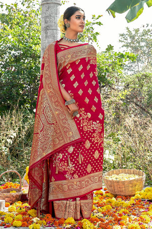 Cherry Red Banarasi Saree