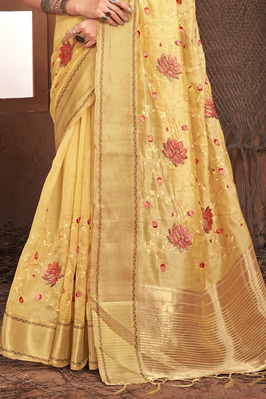 Lemon Yellow Organza Saree