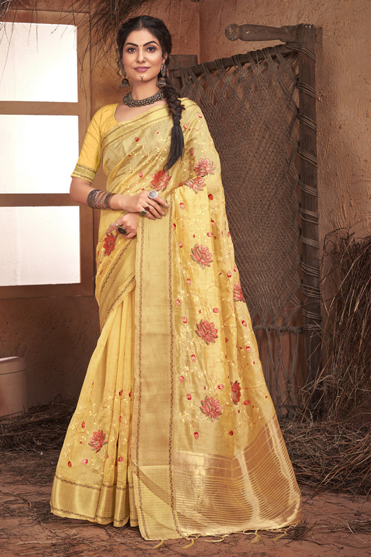 Lemon Yellow Organza Saree